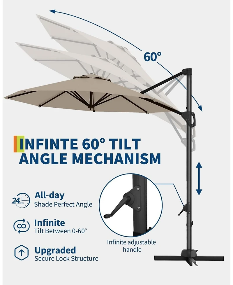 gaomon 10 ft Cantilever Patio Umbrella with Base, 360 Rotation, Offset Market Sun Shade, Outdoor Deck & Garden, Brown