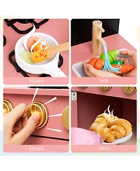 Mecale Play Kitchen for Kids, Wooden Kitchen Playset with Door Curtain for Role-Playing Fun