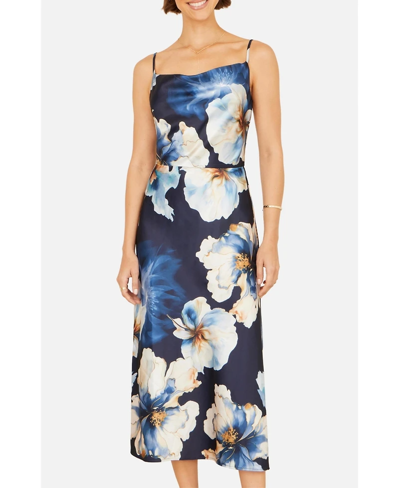Yumi Women's Cowl Neck Satin Floral Dress