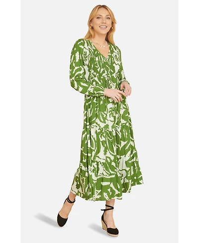Yumi Women's Abstract Print Ruched V-Neck Midi Dress
