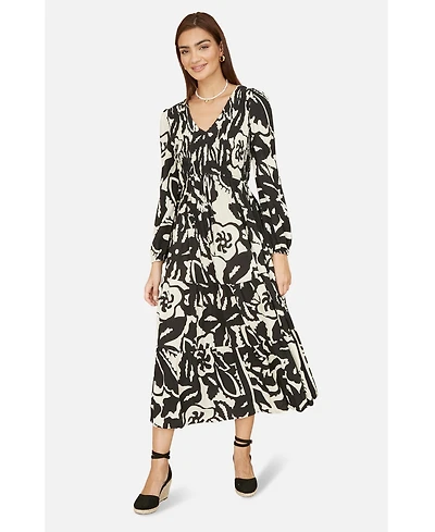 Yumi Women's Abstract Print Ruched V-Neck Midi Dress