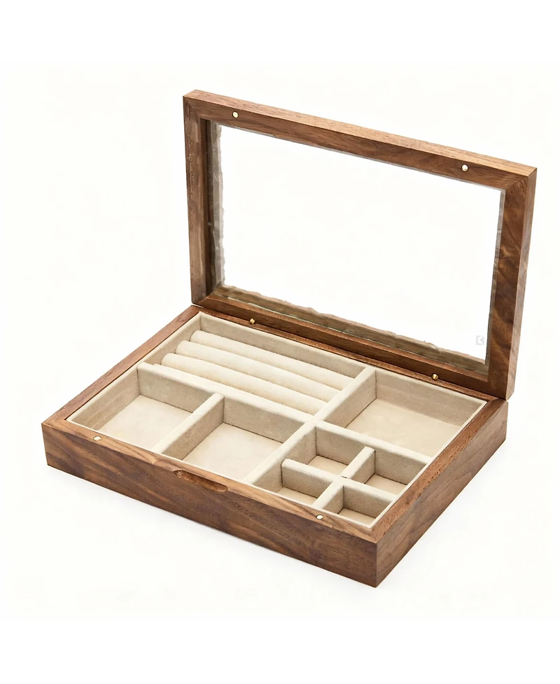 Yigii Handcrafted Cherry Wood Jewelry Box with Glass Lid