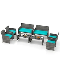 Gymax 8PCS Patio Outdoor Conversation Set w/Seat Cushions & Tempered Glass Tabletop
