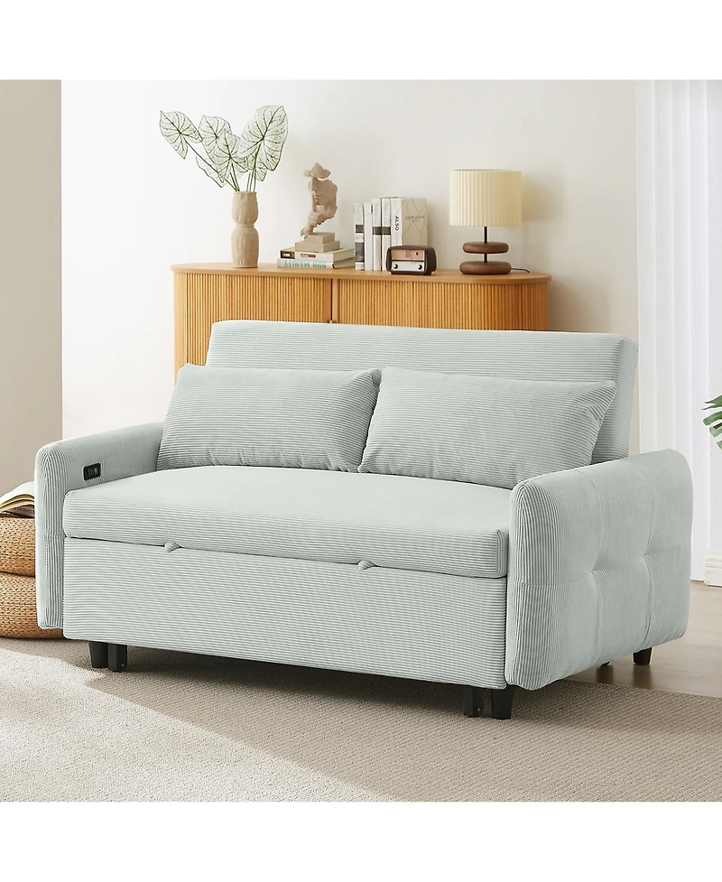 Clihome 52.8" Loveseat Sofa Pull-out Sofa Bed Tufted Sleeper Sofa with an Adjustable Backrest, Three Usb Ports and Two Lumbar Pillows for Living