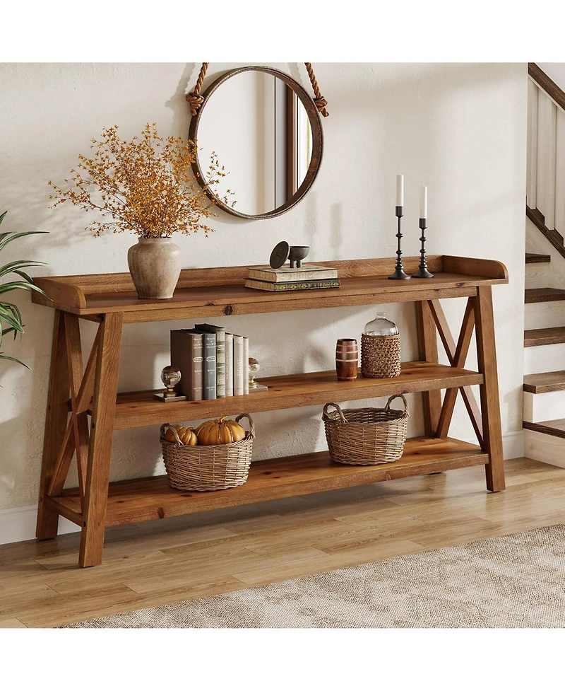 Tribesigns 3-Tier Solid Wood Console Table with X-Shaped Frame, 63-Inch Farmhouse Entryway Table, Sofa Console Behind Couch