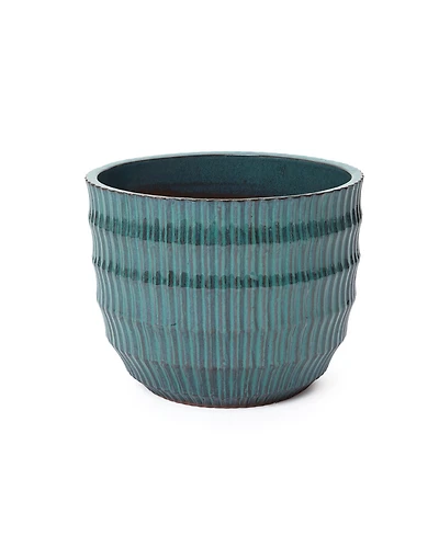 LuxenHome Boho Coastal Ceramic Planter, 11.2" Tall Pot with Ribbed Texture & Weathered Finish