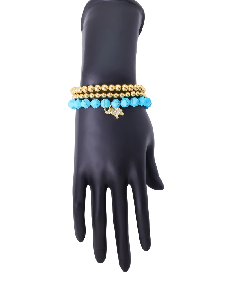 Unwritten Blue Turquoise and Cubic Zirconia Elephant Pendant Trio Stretch Bracelet Set