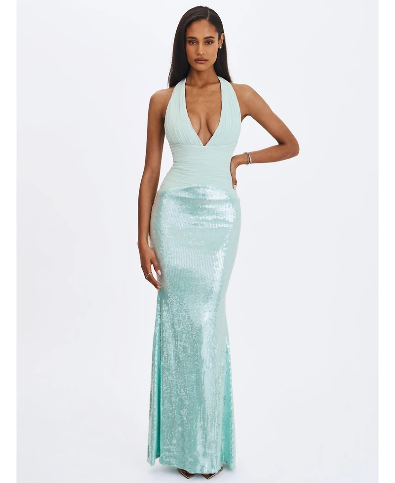 Miss Circle Women's Wendale Mint Sequin Plunging Mermaid Maxi Dress
