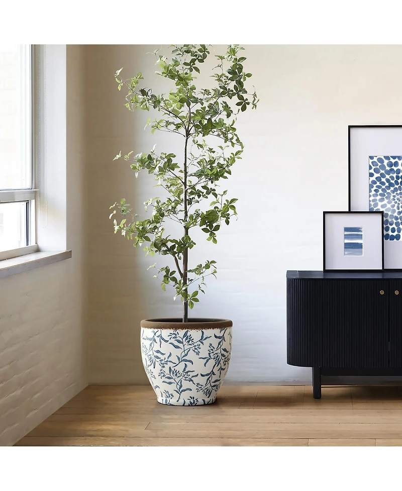 LuxenHome Blue Floral Ceramic Planter, 12.2" Round, Indoor & Outdoor Garden Pot