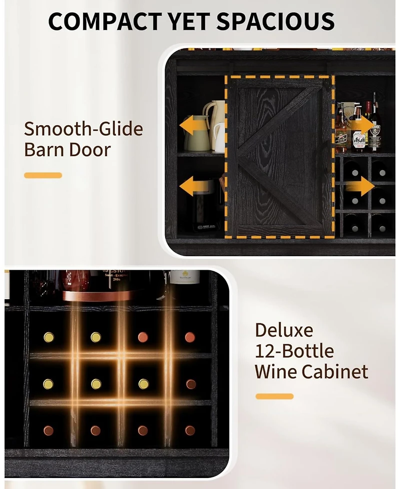 gaomon 55in Coffee Bar Cabinet Power Outlet and Led Light Removable 12Bottle Wine Rack Sliding Barn Door Buffet Cabinet