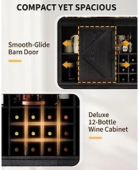 gaomon 55in Coffee Bar Cabinet Power Outlet and Led Light Removable 12Bottle Wine Rack Sliding Barn Door Buffet Cabinet
