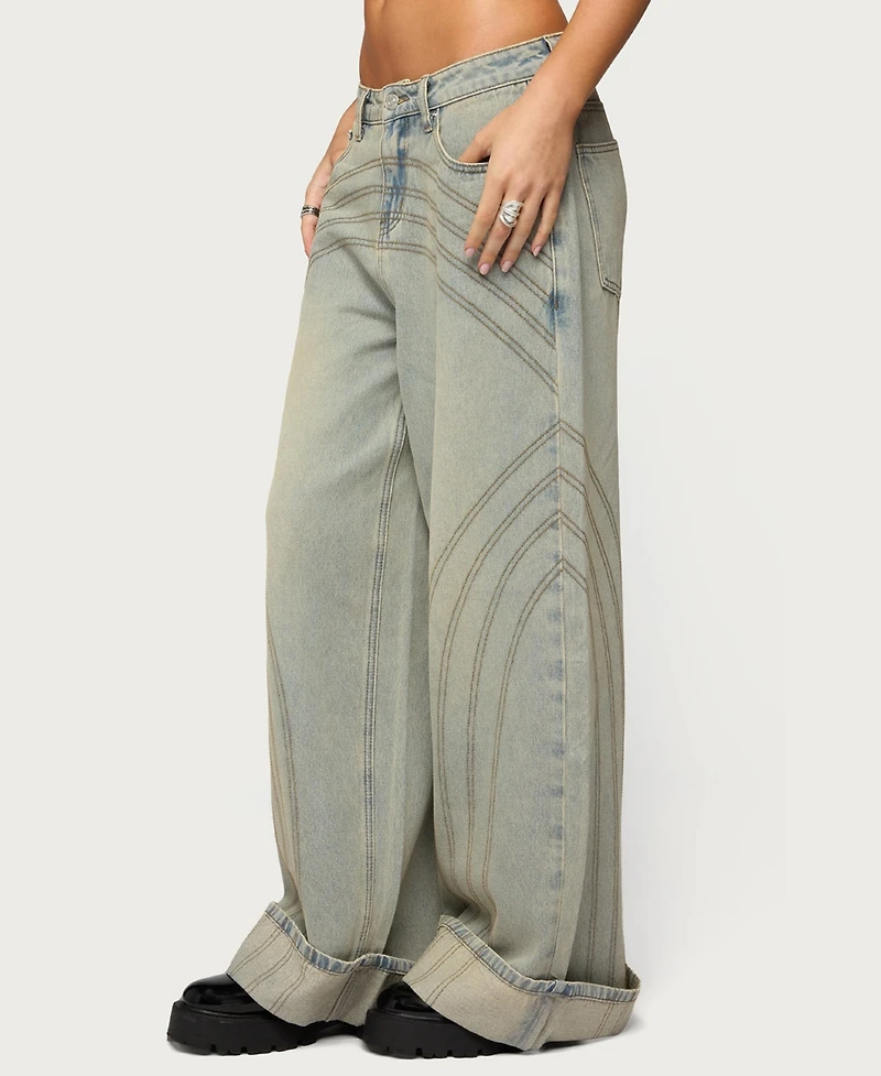 Edikted Women's Cuffed Low Rise Wide Leg Jeans