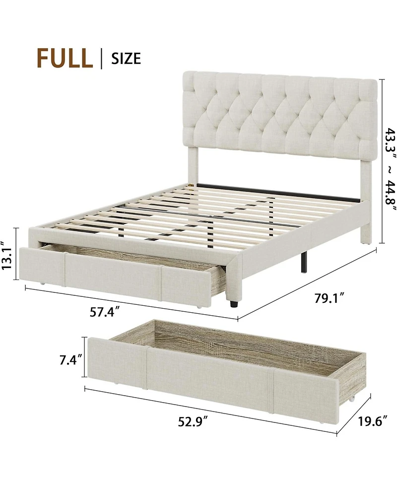 gaomon Full Bed Frame, Upholstered Platform Frame with Storage Drawers, Mattress Foundation Solid Wooden Slats Support