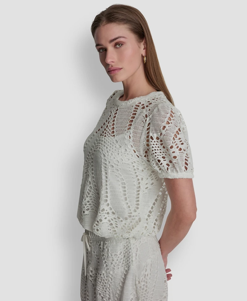 Dkny Women's Leaf Crochet Short-Sleeve Top