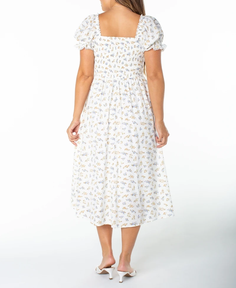 Celebrity Pink Juniors' Textured Floral Printed Puff-Sleeve Midi Dress