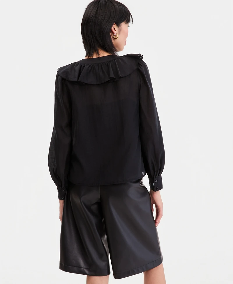 I.n.c. International Concepts Women's Long-Sleeve Printed Ruffle-Front Blouse, Macy's Exclusive