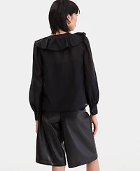I.n.c. International Concepts Women's Long-Sleeve Printed Ruffle-Front Blouse, Macy's Exclusive