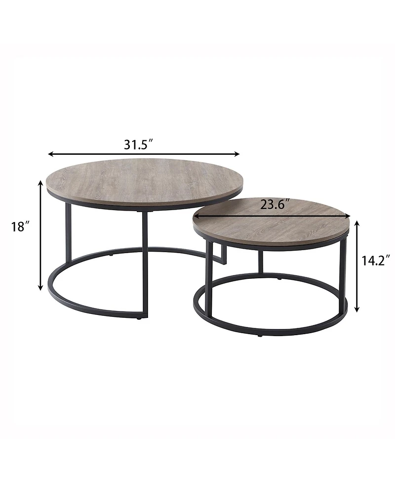 Streamdale Furniture Round Nesting Coffee Table Set, 31.5" Gray Wash Oak & Metal, Industrial Accent Tables.