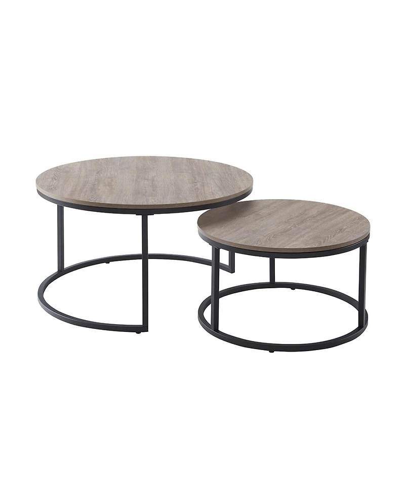 Streamdale Furniture Round Nesting Coffee Table Set, 31.5" Gray Wash Oak & Metal, Industrial Accent Tables.