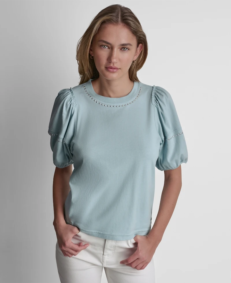 Dkny Jeans Petite Dome Studs Mini Ruffle Puff-Sleeve Crewneck T-Shirt