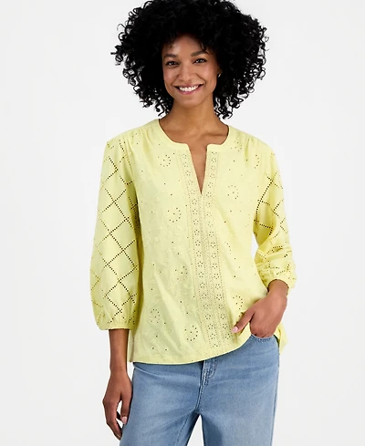 Style & Co Women's Split-Neck Eyelet-Embroidered Top, Exclusively at Macy's