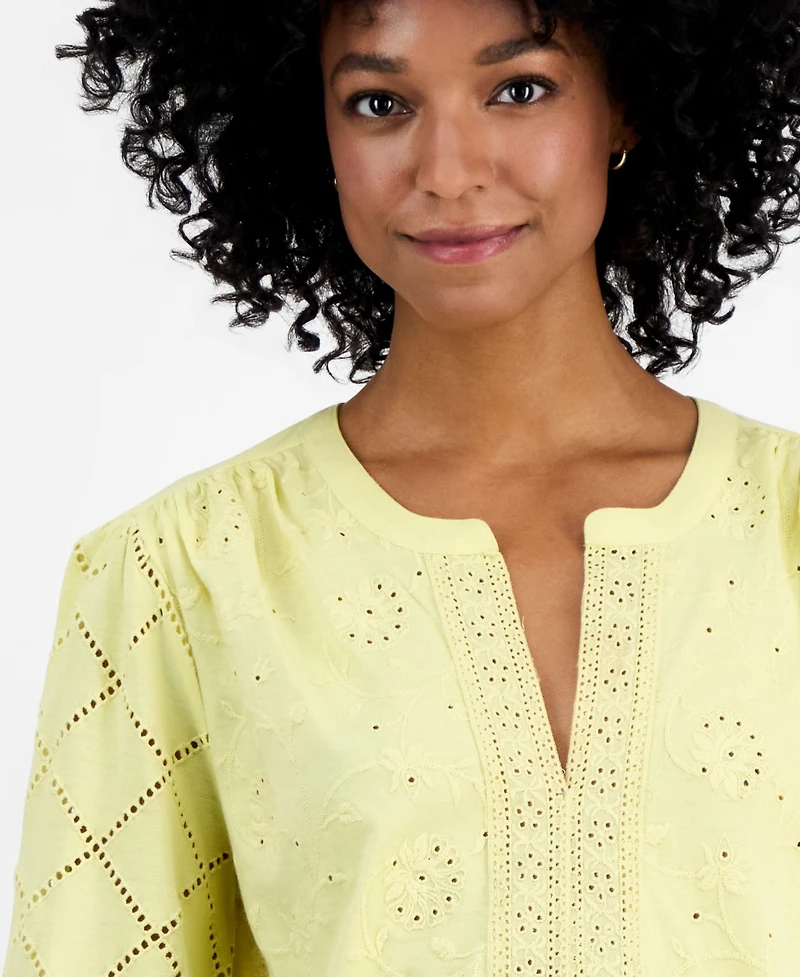 Style & Co Women's Split-Neck Eyelet-Embroidered Top, Exclusively at Macy's