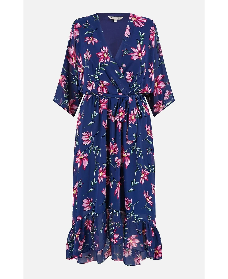 Yumi Women's Floral Kimono Wrap Dipped Hem Midi Dress