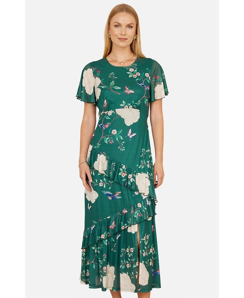 Yumi Women's Mesh Bird And Floral Print Midi Dress