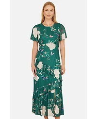Yumi Women's Mesh Bird And Floral Print Midi Dress