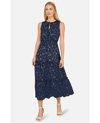 Yumi Women's Foil Print Ruched Waist Midi Dress