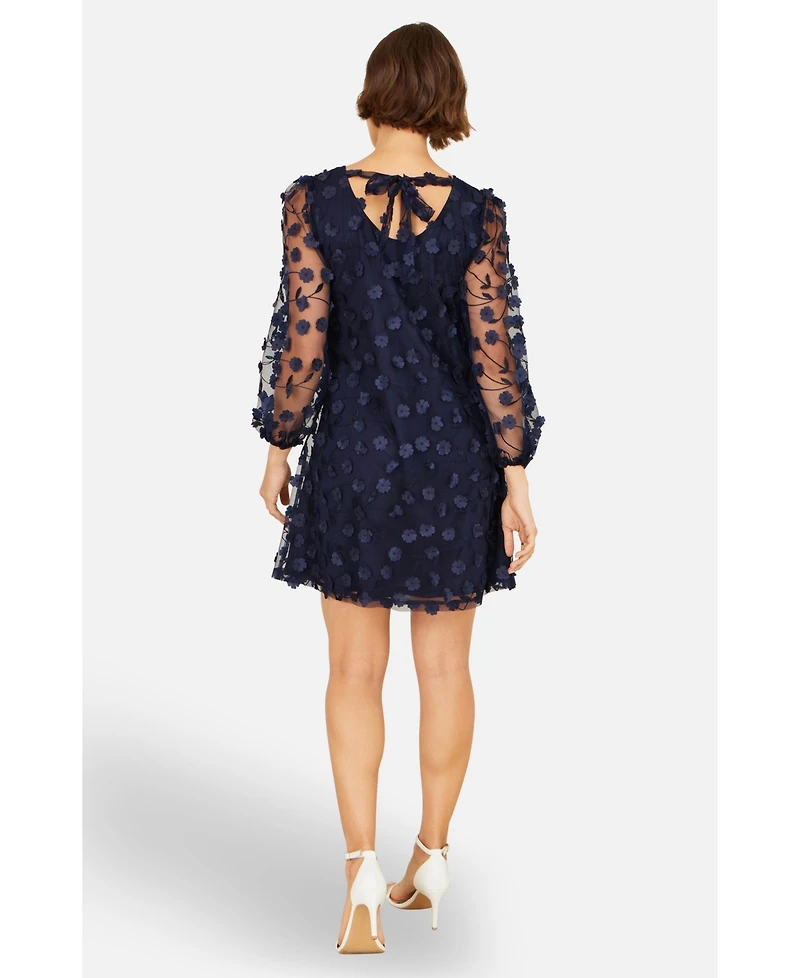 Yumi Women's Long Sleeve Floral Applique Tunic Dress