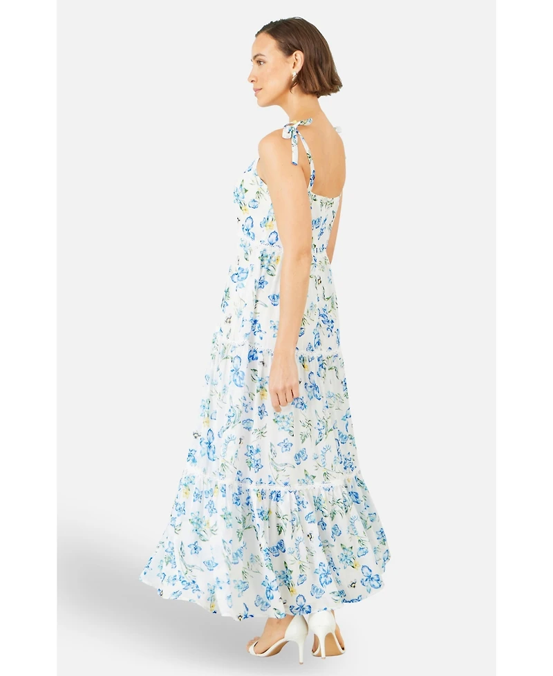 Yumi Women's Butterfly Print Lace Trim Maxi Dress