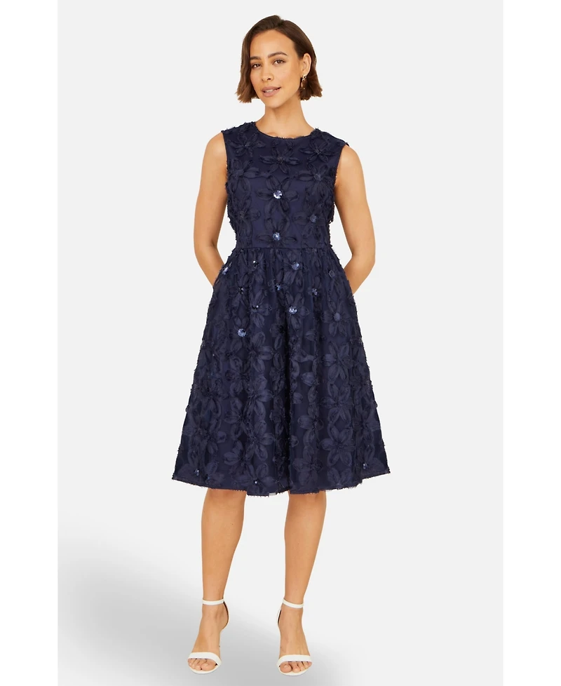 Yumi Women's Sequin Floral Applique Skater Dress