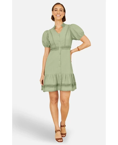 Yumi Women's Cotton Lace Trim Skater Shirt Dress