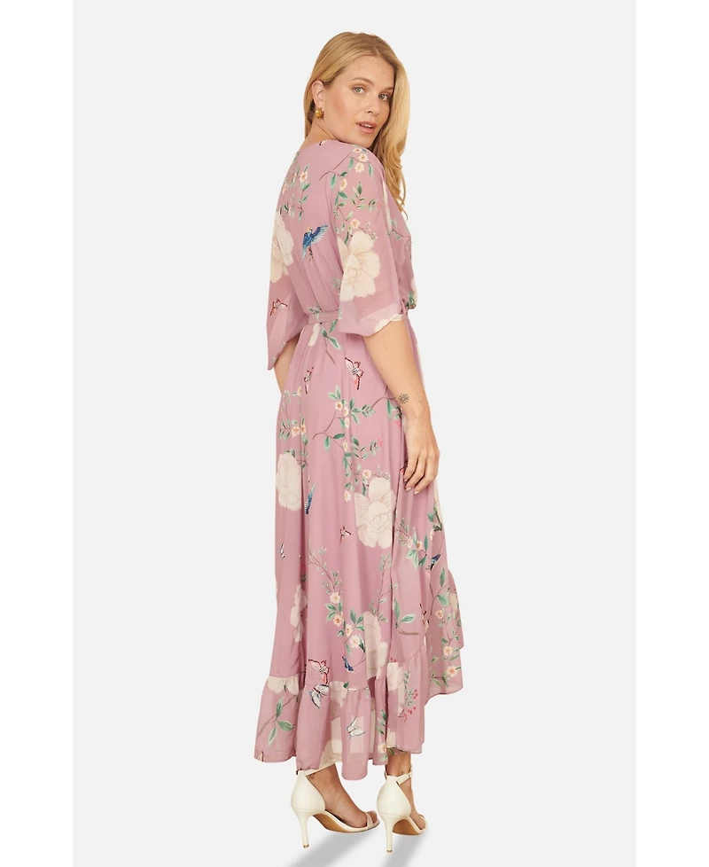Yumi Women's Bird And Floral Print Midi Wrap Dress