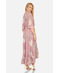 Yumi Women's Bird And Floral Print Midi Wrap Dress