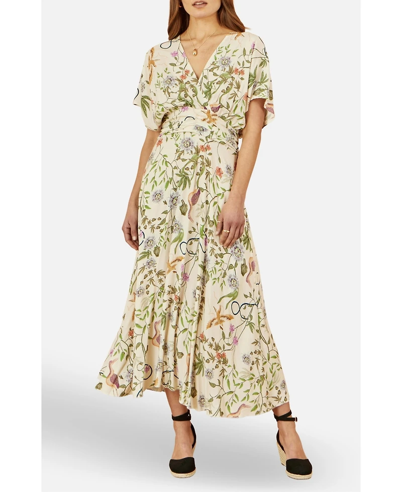 Yumi Women's Floral Print Ruched Waist Midi Dress