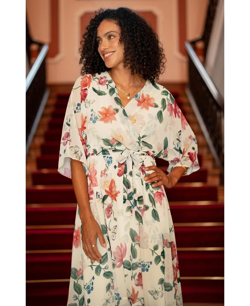Yumi Women's Floral Dip Hem Kimono Wrap Dress