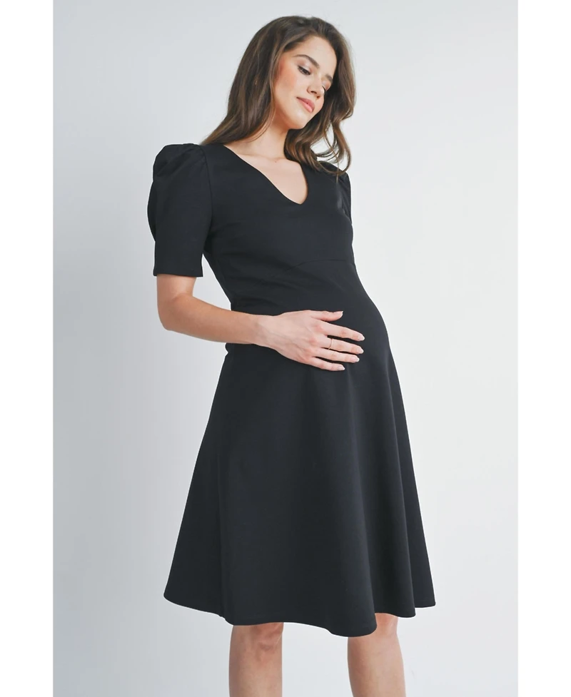 Hello Miz Women's Maternity A-Line V Neck Empire Waist Puff Sleeve Dress