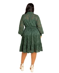 Buxom Couture Women's Plus Lace Long Sleeve Tiered Shirt Dress