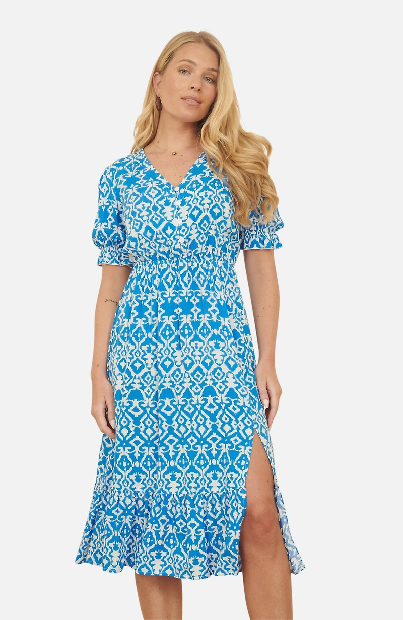 Yumi Women's Geometric Print Puff Sleeve Midi Dress