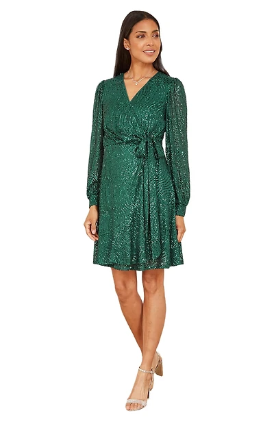 Yumi Women's Sequin Long Sleeve Frill Wrap Dress