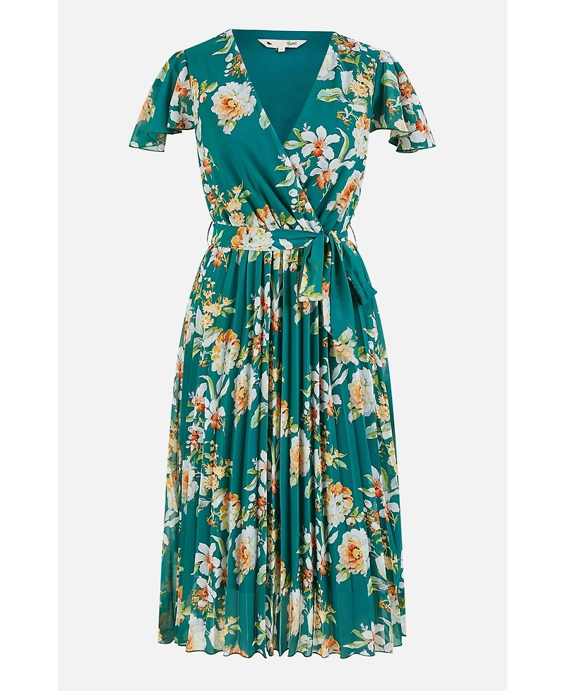 Yumi Women's Pleated Floral Tie-Waist Wrap Midi Dress