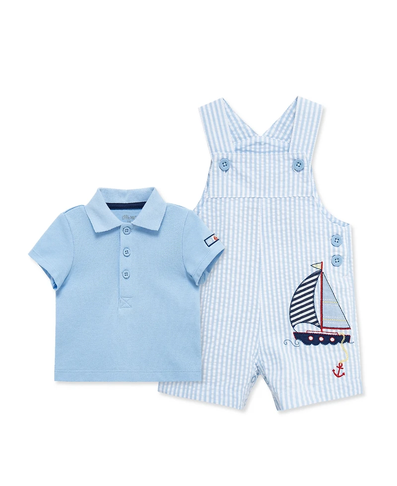 Little Me Baby Boys' Sailboat Printed Shortall and Polo Shirt, 2-Piece Set