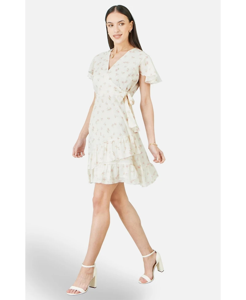 Yumi Women's Rose Print Wrap Over Frill Dress