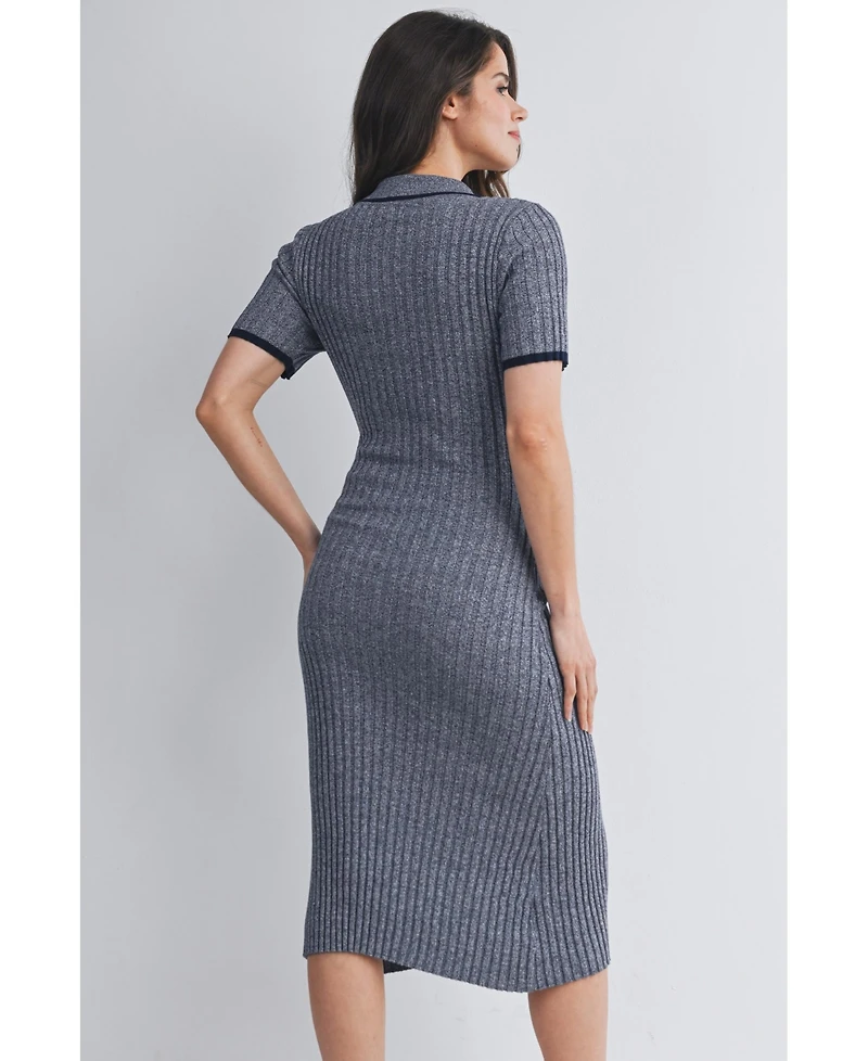 Hello Miz Women's Maternity Collared Ribbed Knit Midi Dress with Button-Front Nursing Access