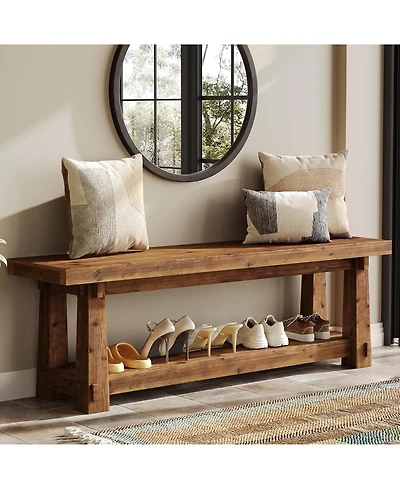 Tribesigns 55" Solid Wood Entryway Bench with Shoe Storage, Rustic Charred Wood Grain Foyer Bench with Open Shelf
