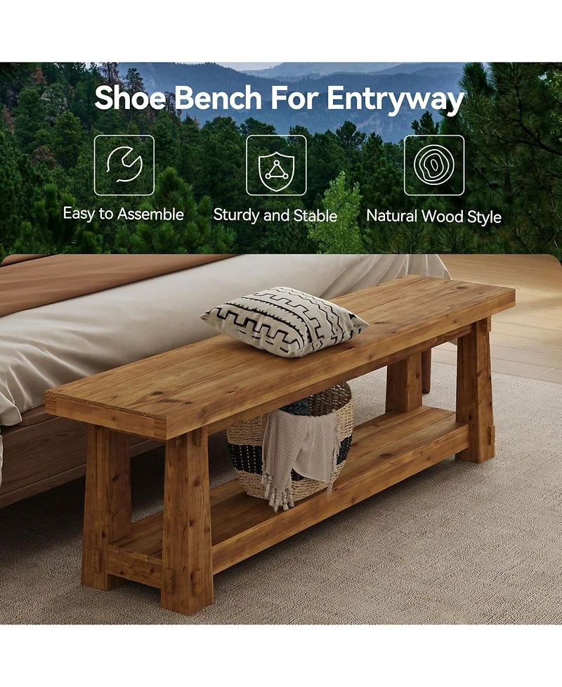 Tribesigns 55" Solid Wood Entryway Bench with Shoe Storage, Rustic Charred Wood Grain Foyer Bench with Open Shelf