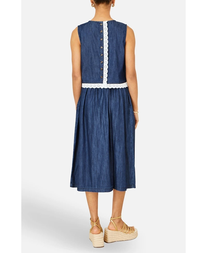 Yumi Women's Cotton Chambray Lace Trim Top