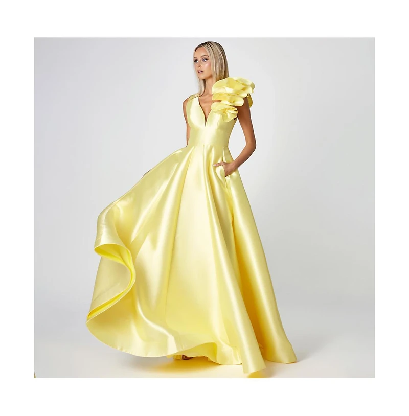 Bariano Women's Mirella V Neck Ruffle Gown